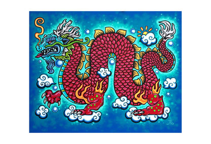 Original print by JFo Generation. Red dragon with gold, green, and white accents. Blue background.