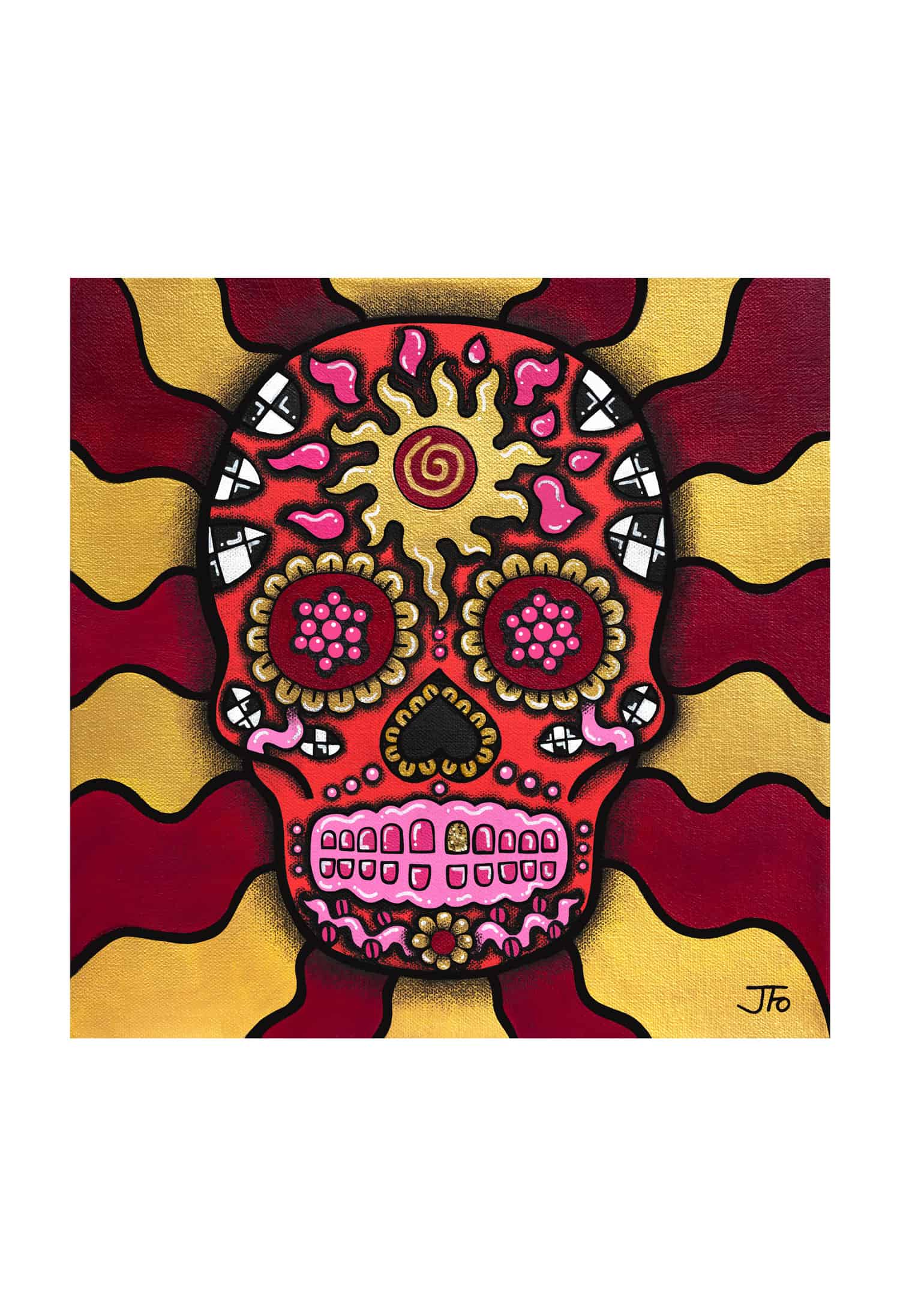 Original print by JFo Generation. Red sugar skull with yellow and pink elements. Yellow and deep red squiggle background.