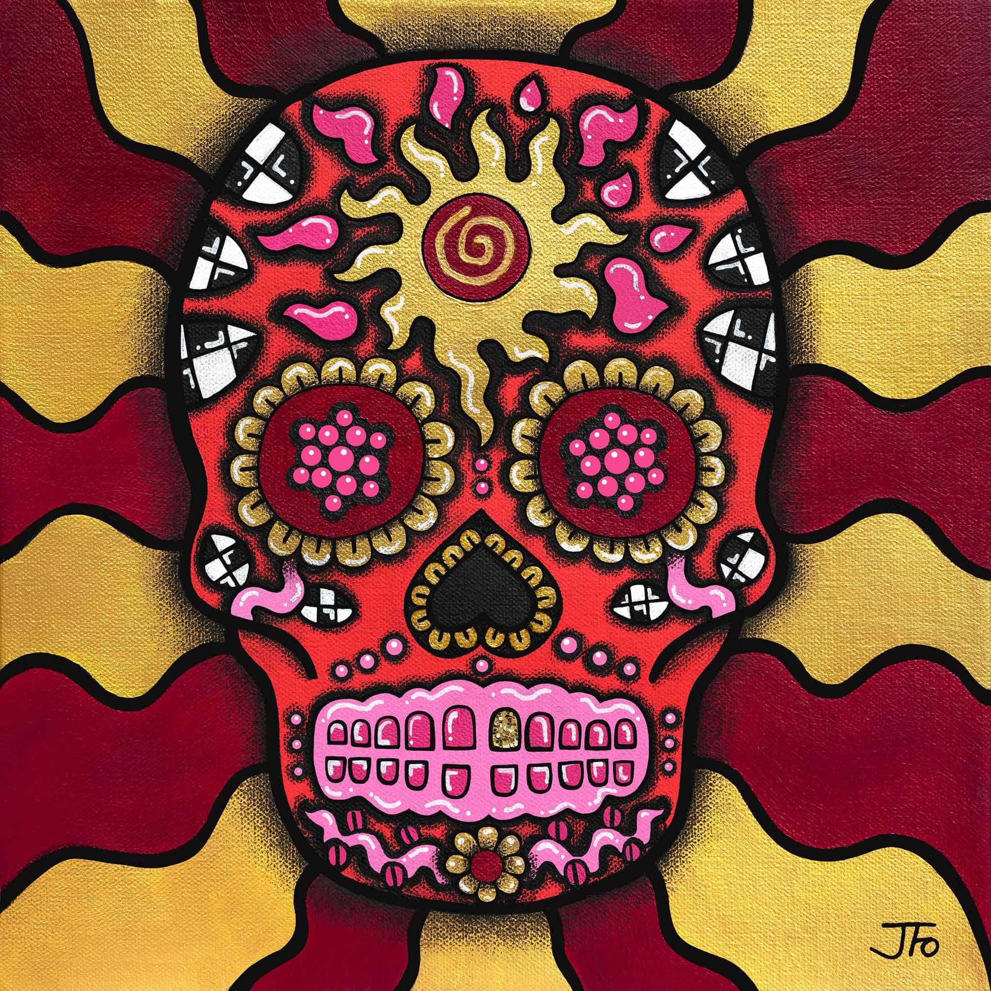 Original painting by JFo Generation. Red sugar skull with yellow and pink elements. Yellow and deep red squiggle background.