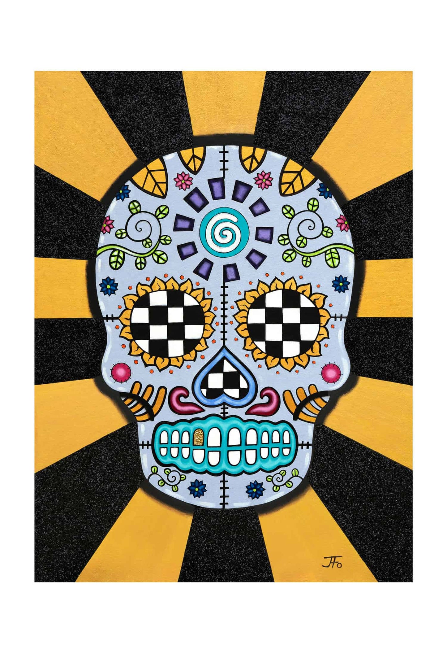 Original print by JFo Generation. Sugar Skull with colorful elements. Yellow and black lined background.