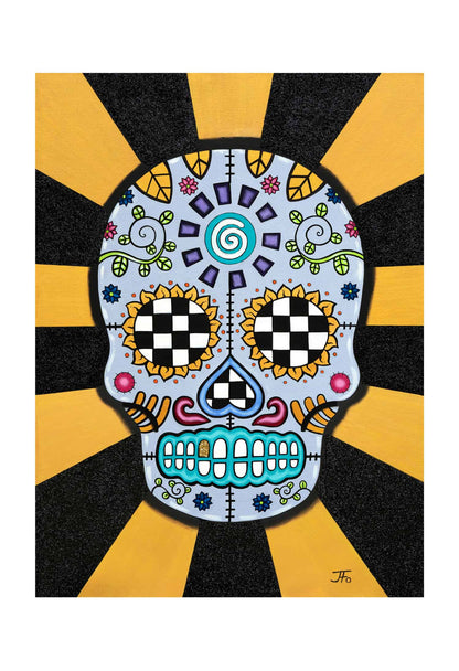 Original print by JFo Generation. Sugar Skull with colorful elements. Yellow and black lined background.