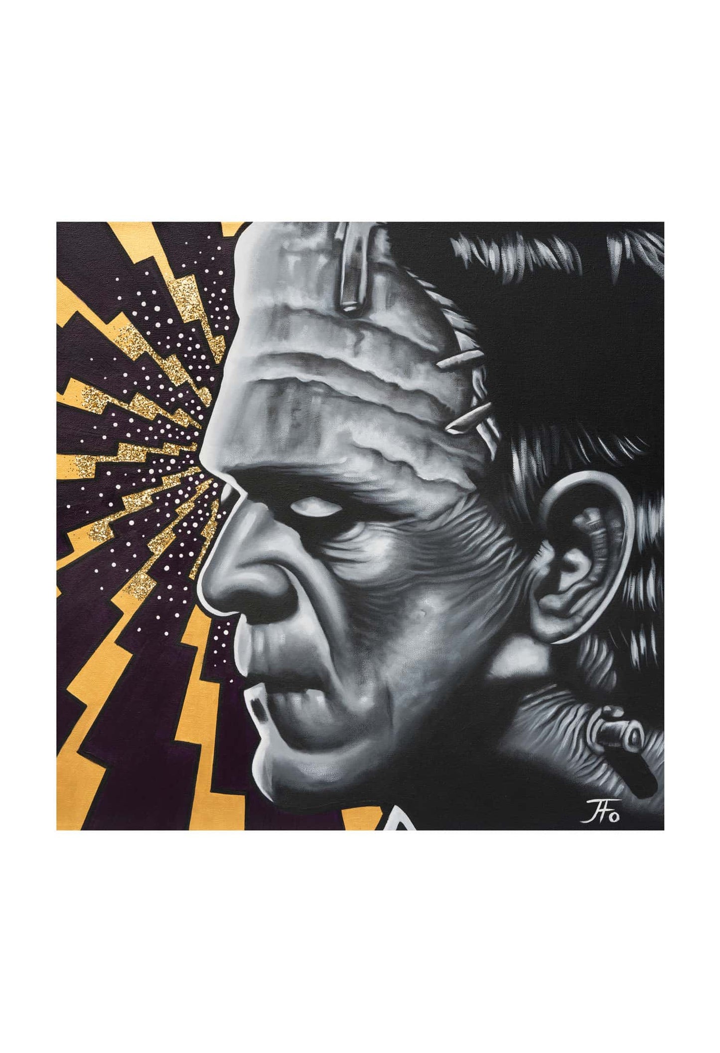 Original print by JFo Generation. Frankenstein side profile. Yellow and black pattered background.