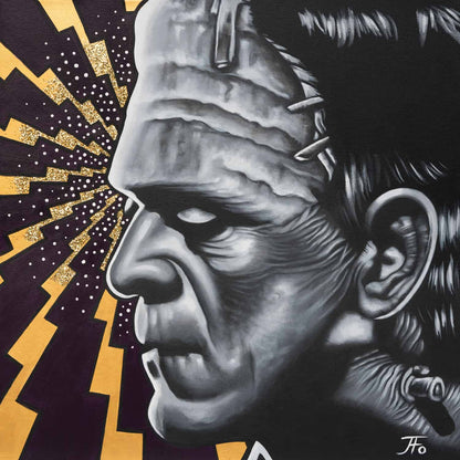 Original painting by JFo Generation. Frankenstein side profile. Yellow and black pattered background.