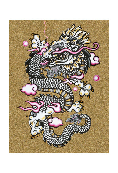 Original print by JFo Generation. White dragon with pink accents. Gold textured background.