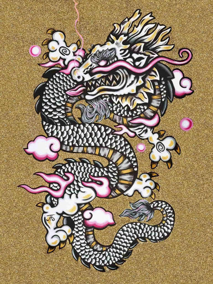 Original painting by JFo Generation. White dragon with pink accents. Gold textured background.