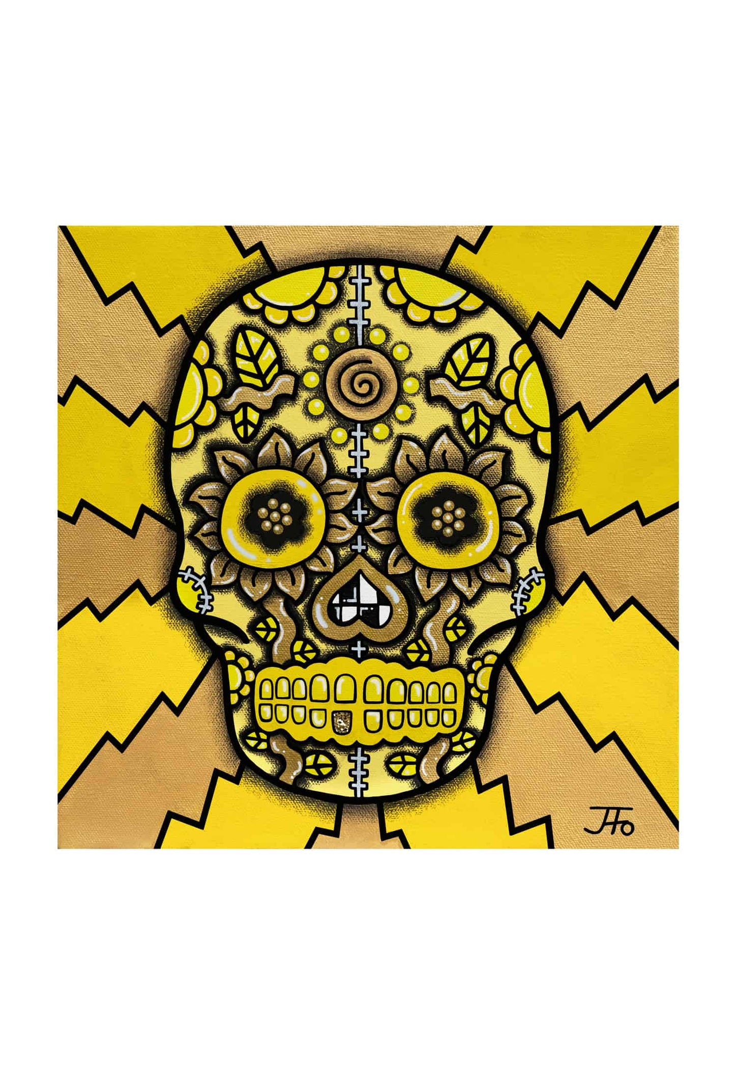 Original print by JFo Generation. Yellow sugar skull with black elements.