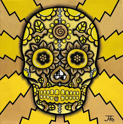 Original painting by JFo Generation. Yellow sugar skull with black elements.